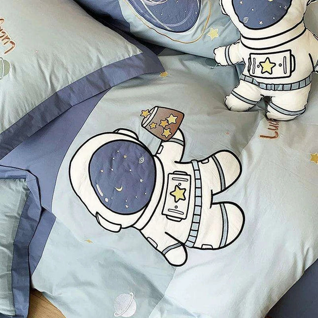 Charming Blue Cartoon Astronaut Embroidered 100% Cotton Boys Bedding Set - Single Duvet Cover, Sheet & Pillowcases - Ideal Gift for Little Explorers