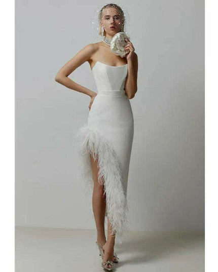 Elegant Strapless Black and White Feather Detail Bodycon Dress for Women