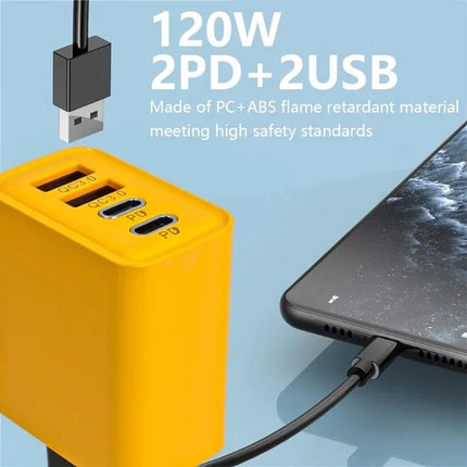120W Fast Charging 4-Port Wall Charger — Dual USB-C PD + Dual USB-A QC3.0