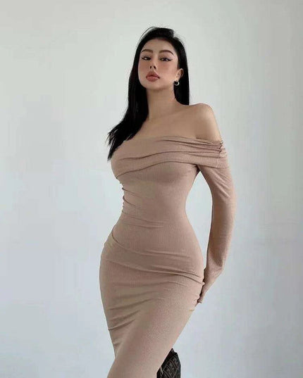 Chic Winter Elegance: Off-Shoulder Korean Maxi Dress in Black