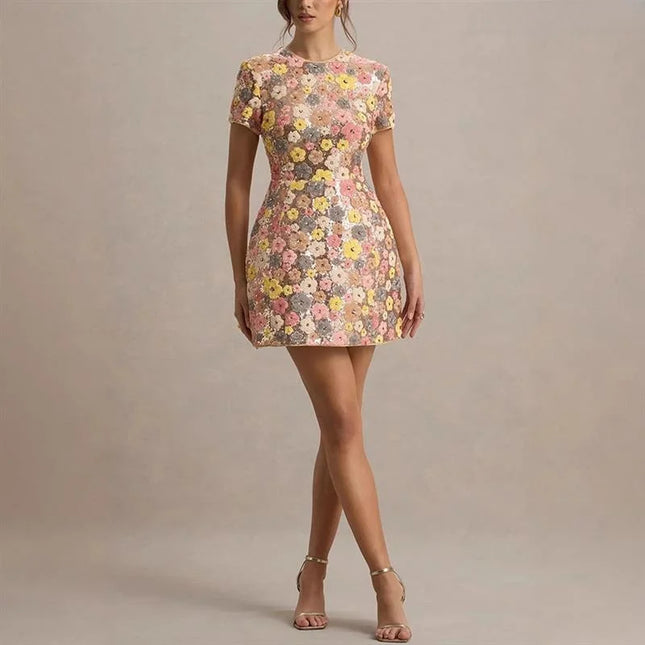 Shiny Sequin High Waist Party Dress — Short Sleeve, Round Neck, S–XL