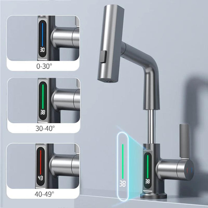 Digital Waterfall Basin Faucet with Lift Up/Down Stream Sprayer and Temperature Display