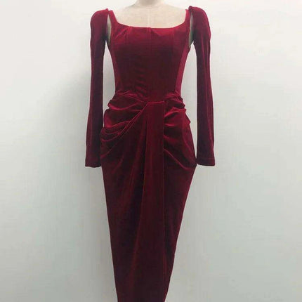 Chic Velvet Long Sleeve Cross-Front Dress with Zipper Detail for Women
