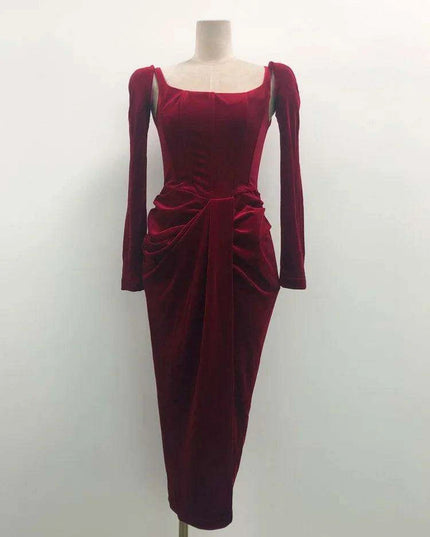 Chic Velvet Long Sleeve Cross-Front Dress with Zipper Detail for Women