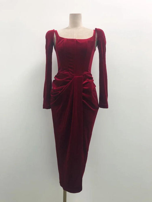 Chic Velvet Long Sleeve Cross-Front Dress with Zipper Detail for Women