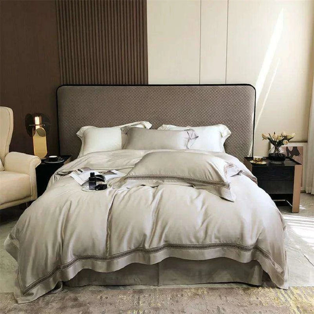 Sumptuous 1000TC Egyptian Cotton Bedding Ensemble with Elegant Hollow Lace - Duvet Cover, Flat & Fitted Sheets, Pillowcases for Queen & King Beds