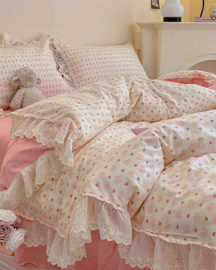 Korean Princess Floral Lace Ruffle Cotton Bedding Collection - Luxurious Single/Queen Duvet Cover, Sheet, and Pillowcase Set (3/4 Pieces)