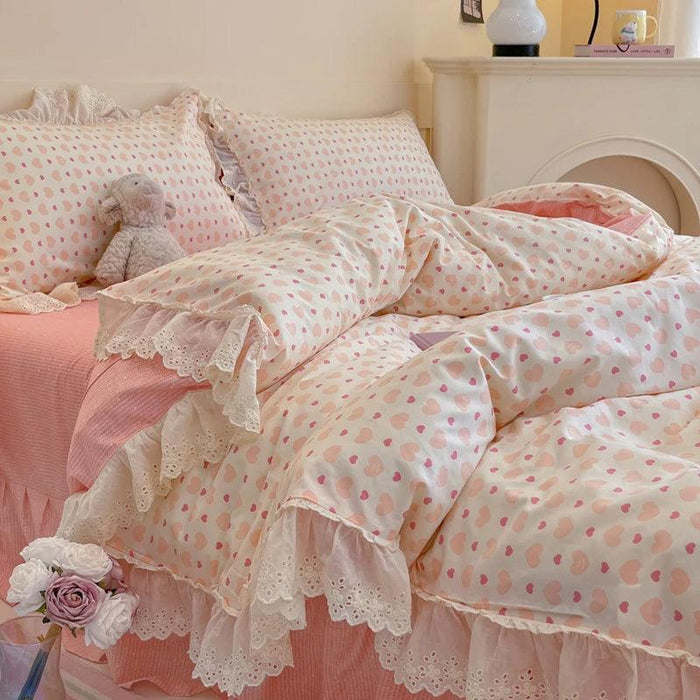 Korean Princess Floral Lace Ruffle Cotton Bedding Collection - Luxurious Single/Queen Duvet Cover, Sheet, and Pillowcase Set (3/4 Pieces)