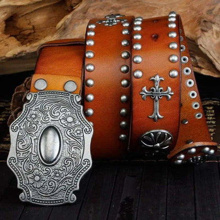 Edgy Punk Rock Men's Leather Belt with Heavy Metal Accents