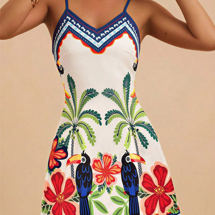 Phoebe Wear Tropical Print Spaghetti Strap Vacation Dress, Lightweight