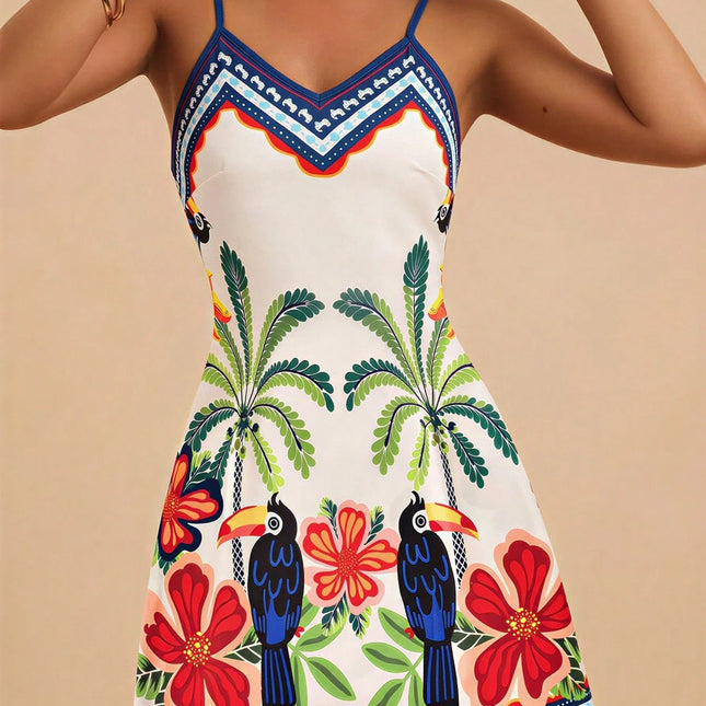 Phoebe Wear Tropical Print Spaghetti Strap Vacation Dress, Lightweight