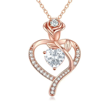 Tiffmet Rose Zircon Heart Pendant Necklace - Elegant Gift for Her