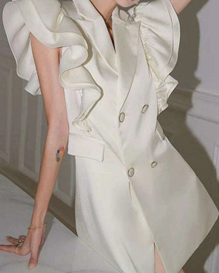 Notched Button Mini Dress with Ruffled Sleeves - Women's Summer Evening Wear