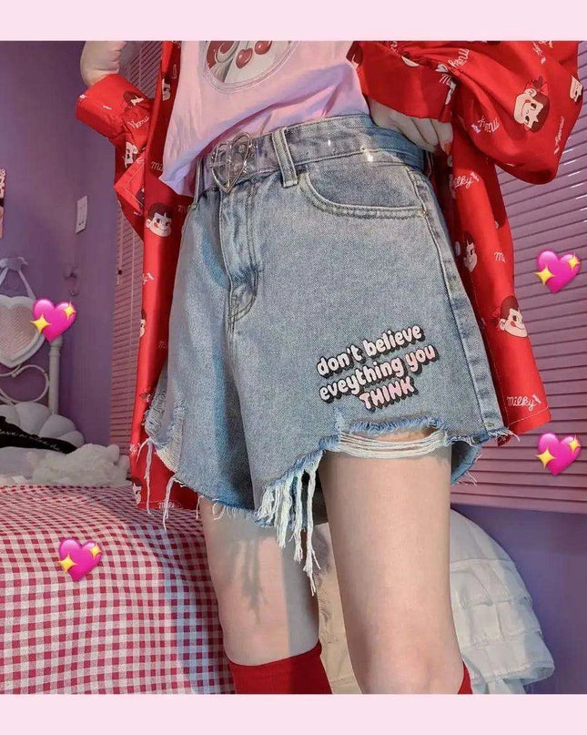 Kawaii Retro High-Waisted Denim Shorts for Women - Embroidered Casual Summer Style