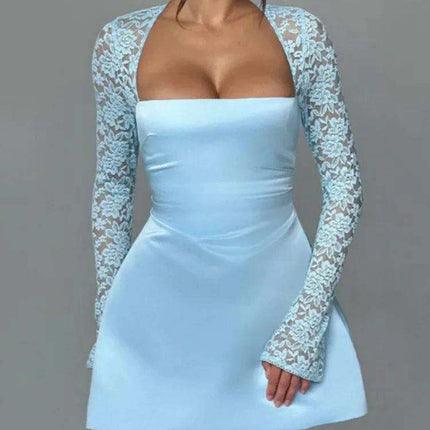 Lace-Backless A-Line Mini Dress with Long Sleeves