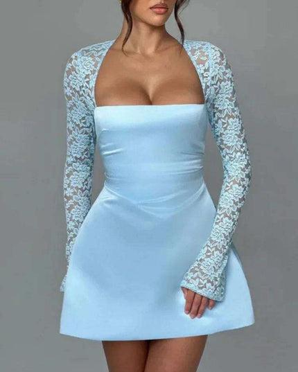Lace-Backless A-Line Mini Dress with Long Sleeves