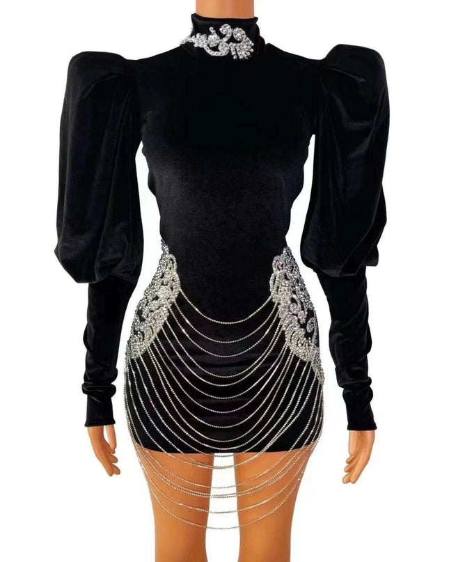 Elegant Custom-Fit Black Velvet Dress with Dazzling Silver Rhinestones