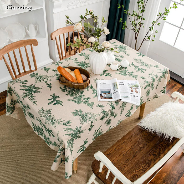 Christmas Pine Cotton Linen Tablecloth - Green Rectangular Dining Cover with Elegant Design