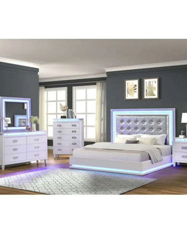 Milky White Modern LED Bedroom Set - Elegant Design with Ample Storage