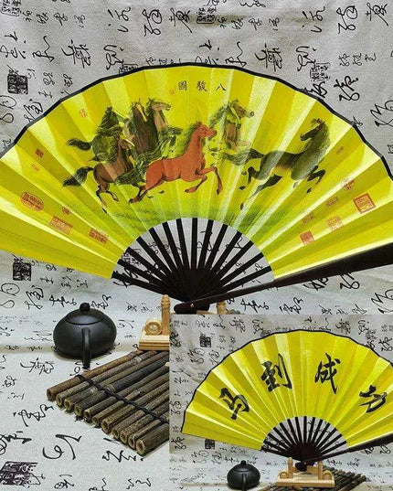 Vintage Silk Folding Fan with Bamboo Handle - Stunning Handheld Accessory for Celebrations and Home Sophistication