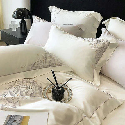 Luxury 1000TC Egyptian Cotton Bedding Set with Leaf Embroidery