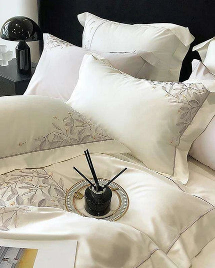Luxury 1000TC Egyptian Cotton Bedding Set with Leaf Embroidery