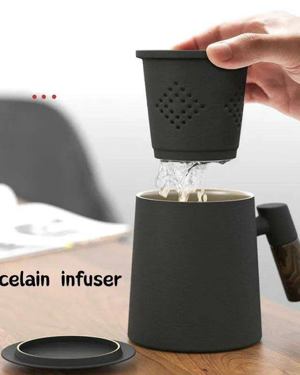 Chic Ceramic Tea Mug with Wooden Handle and Infuser Lid - Essential Drinkware for Every Occasion