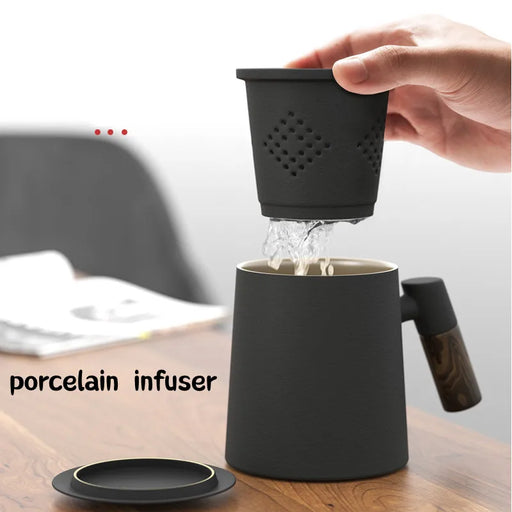 Ceramic Tea Mug with Wooden Handle and Infuser Lid