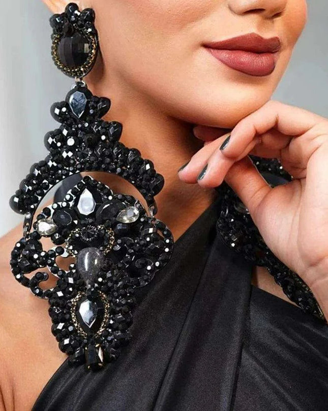 Glamorous Black Crystal and Rhinestone Dangle Earrings - Luxurious Statement Accessory