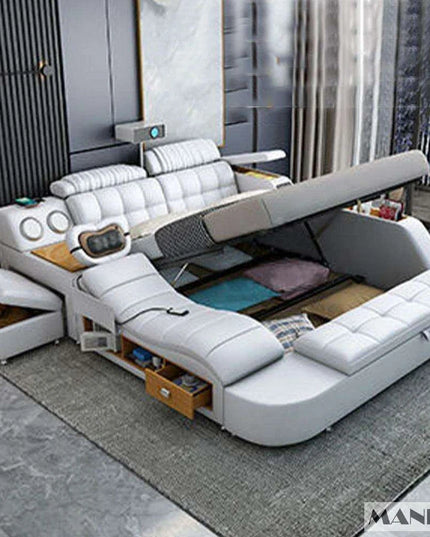 Elegant Tech-Enhanced King-Size Leather Bed with Massage and Multimedia Features