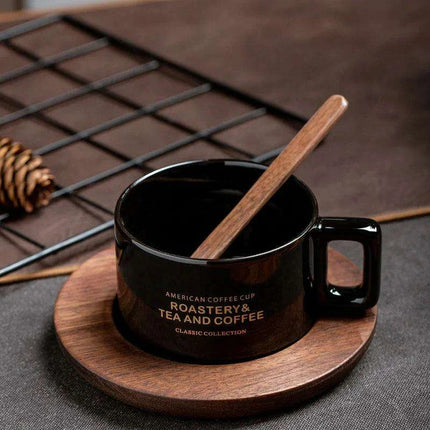 Classic American Elegance: Ceramic Coffee Mug Set with Walnut Holder and Gift Box