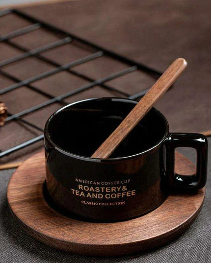 Classic American Elegance: Ceramic Coffee Mug Set with Walnut Holder and Gift Box