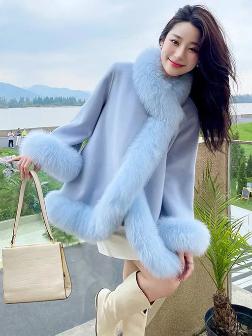 Fox Fur Trimmed Woolen Cape Cloak Coat: Timeless Elegance