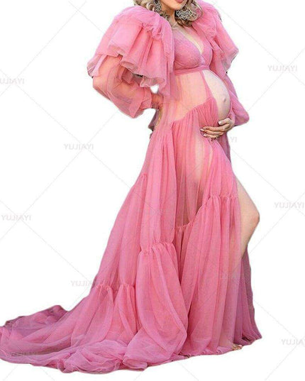 Chic Tulle Tranquility Maternity Robe: Ruffled Elegance with Layered Skirts