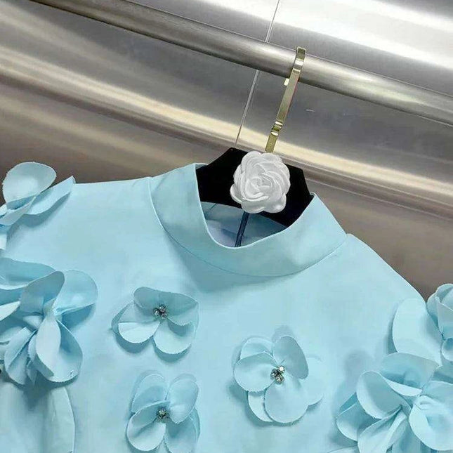 Sophisticated High Waist Appliqued Dress with Elegant Stand Collar and Short Sleeves for Women