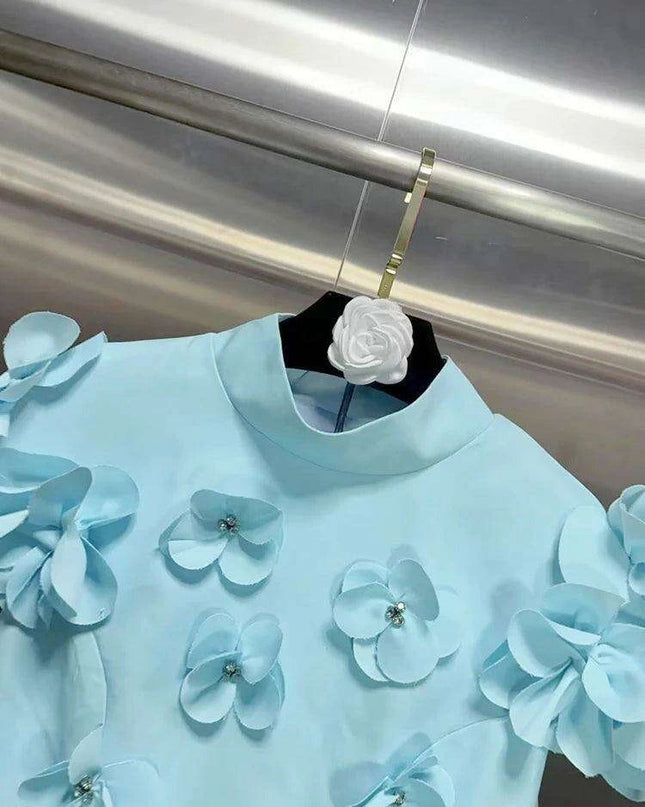 Sophisticated High Waist Appliqued Dress with Elegant Stand Collar and Short Sleeves for Women