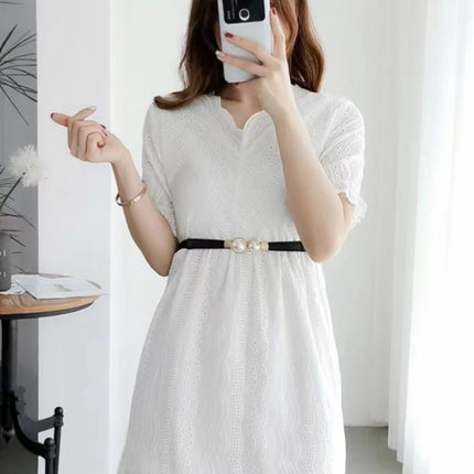 Double Pearl Buckle Elastic Waist Belt — Women’s PU Leather, 6 cm Wide