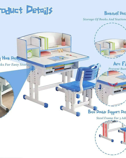 ErgoKids Ergonomic Study Desk & Chair Set with Bookshelf - Adjustable for Growing Children