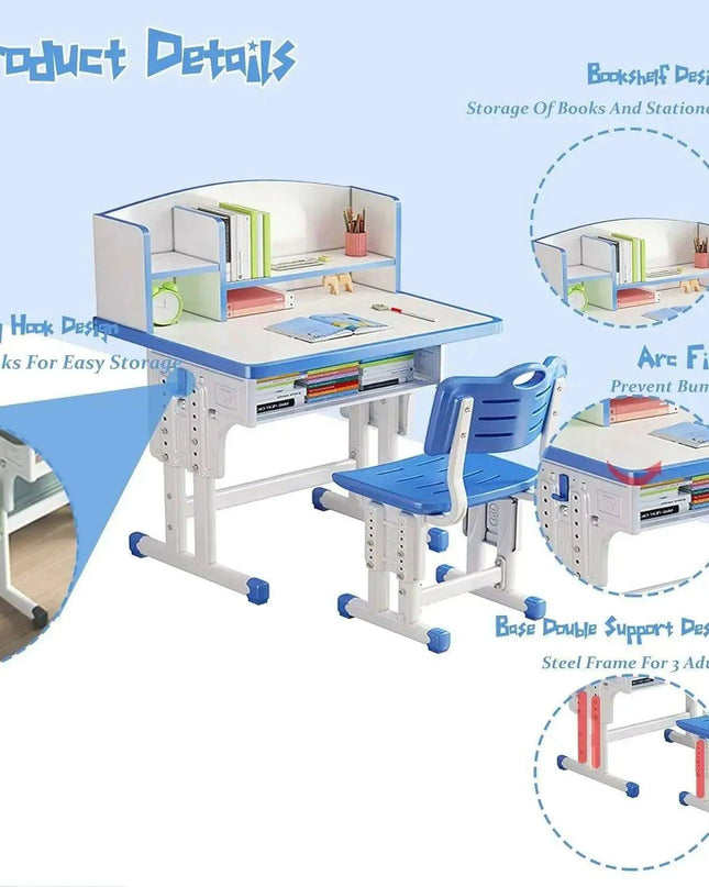 ErgoKids Ergonomic Study Desk & Chair Set with Bookshelf - Adjustable for Growing Children