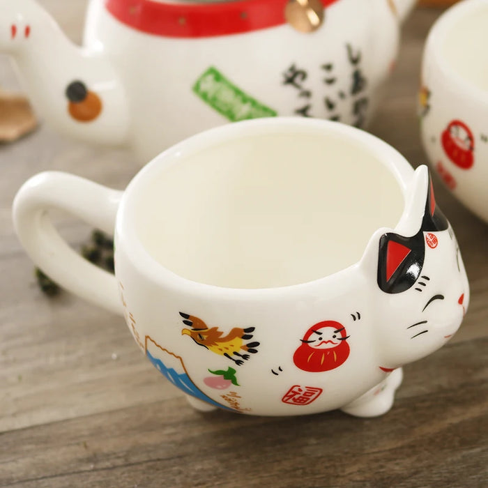 Enchanting Japanese Plutus Cat Porcelain Tea Set with Maneki Neko Teapot and Infuser