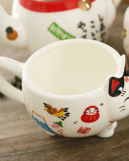 Delightful Japanese Fortune Cat Ceramic Tea Set - Exquisite Teapot and Teacup Ensemble for Tea Lovers