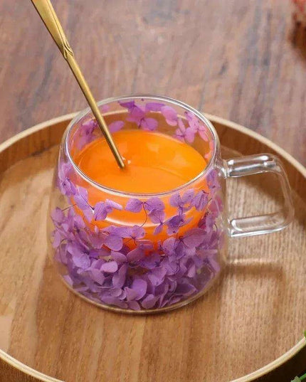 Insulated Double Wall Glass Cup with Dried Flowers - Creative Tea, Coffee, and Milk Mug with Handle