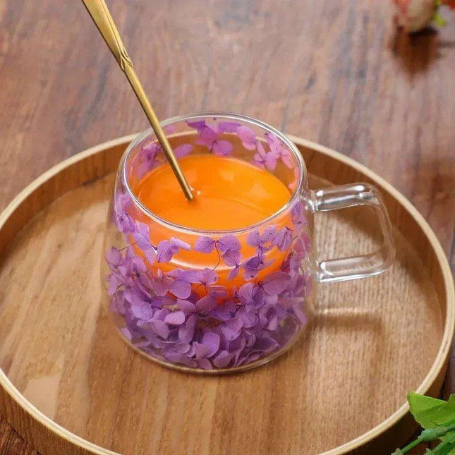 Insulated Double Wall Glass Cup with Dried Flowers - Creative Tea, Coffee, and Milk Mug with Handle