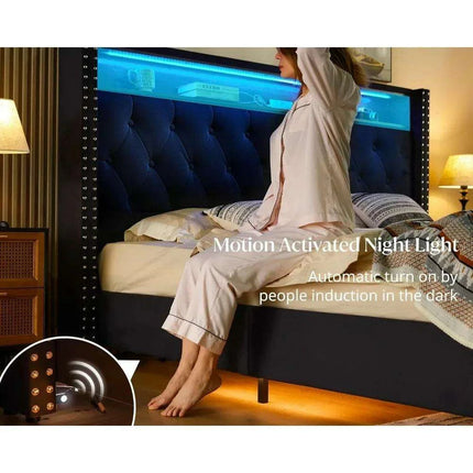 Luxurious King Bed Frame with LED Mood Lighting and Built-in Charging Station