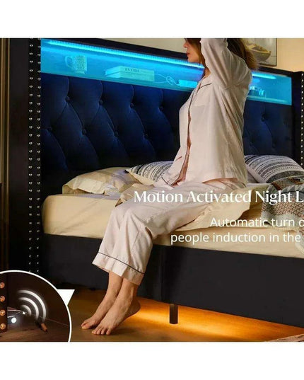 Luxurious King Bed Frame with LED Mood Lighting and Built-in Charging Station