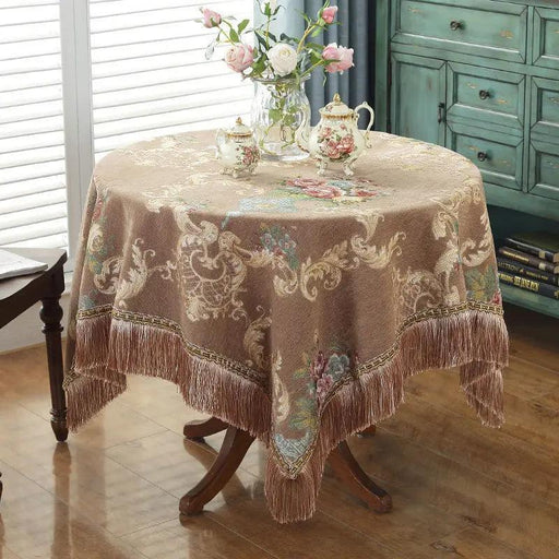 Elegant European Chenille Table Cover with Floral Tassels