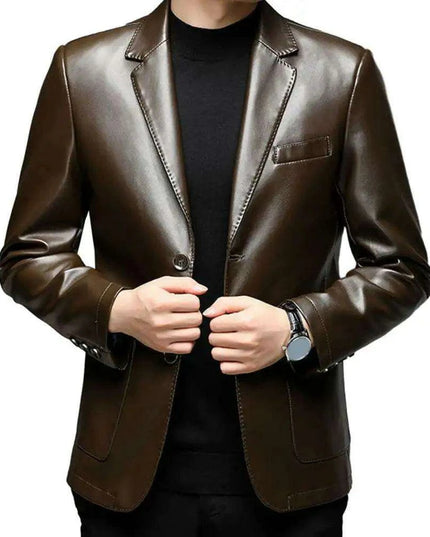 Men's Premium Faux Leather Lapel Jacket with Elegant Button Cuffs and Practical Pockets