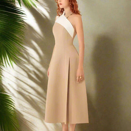Stylish Backless Halter Neck Pleated Summer Dress with Contrast Color Patchwork for Women - 2024 Party Collection