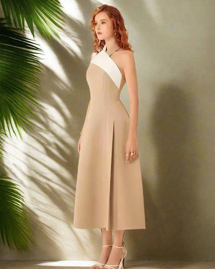 Stylish Backless Halter Neck Pleated Summer Dress with Contrast Color Patchwork for Women - 2024 Party Collection