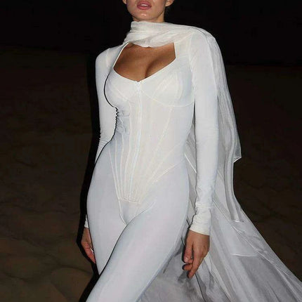 Chic Striped Long Sleeve Women's Jumpsuit with Deep V Neck and Zipper Closure